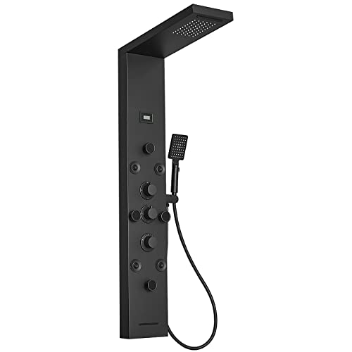 BWE Shower Panel Rainfall Waterfall with Handheld Shower Matte Black | 6 IN 1 Stainless Steel Shower Tower Panel System Massage Body Jets with Tub Spout Water Temperature Display Wall Mount