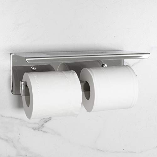 Toilet Paper Holder, Toilet Paper Double Roll Holder with Shelf, Wall Mounted, Polished Stainless Steel - color: Polished