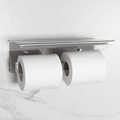 Toilet Paper Holder, Toilet Paper Double Roll Holder with Shelf, Wall Mounted, Polished Stainless Steel - color: Polished