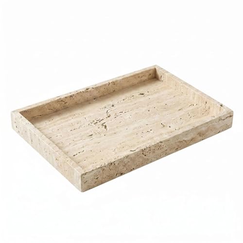 Natural Travertine Tray Heavyweight Stone Vanity Tray for Bathroom Countertop, Coffee Table & Dresser - Handcrafted Rectangular Organizer (Beige X, 12" x 8" x 1.2") - color: Beige X