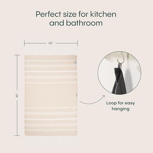 WETCAT Turkish Hand Towels with Hanging Loop, Set of 2 (20" x 30") 100% Turkish Cotton, Pre-Washed, Quick Drying, for Kitchen or Bathroom - Beige - color: Beige
