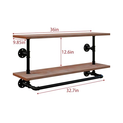 Clothes Rack 36in, 2 Tier Wall Mounted Garment Rack with Real Wood Shelf, Heavy Duty Hanging Clothes Rack, Multi-Purpose Hanging Rod, Space-Saving Closet Storage - color: Brown, size: 2T36IN