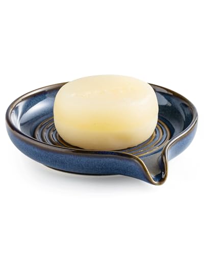 Zoeeker Self Draining Soap Dish, Ceramic Soap Holder with Waterfall Design | Shower Soap Dish with Drainage Round Soap Saver for Shower, Bathroom, Sink, Kitchen and Countertop, Brush Holder, Blue - color: Blue, size: Round