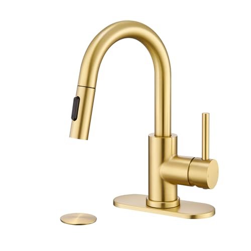Gold Bathroom Sink Faucet with Pull Down Sprayer | 2 Mode Sprayer, with Deck Plate for 1 or 3 Hole, 360° Swivel, with Pop Up Drain for Vanity Bar RV Basin Laundry - color: Brushed Gold