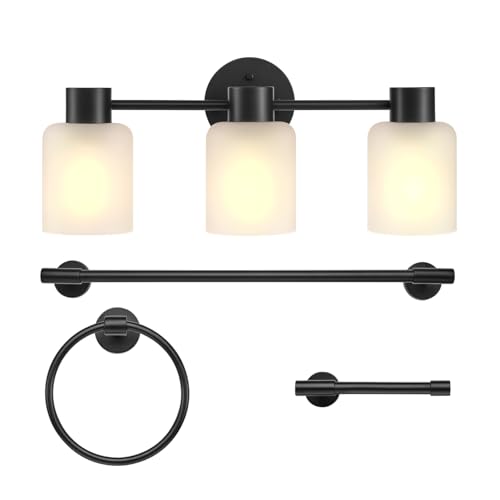 Globe Electric 4-Piece All-in-One Bathroom Set, Matte Black, 3-Light Vanity Light with Frosted Glass Shades, Towel Bar, Toilet Paper Holder, Towel Ring - color: Matte Black, Frosted Glass, 3-Light