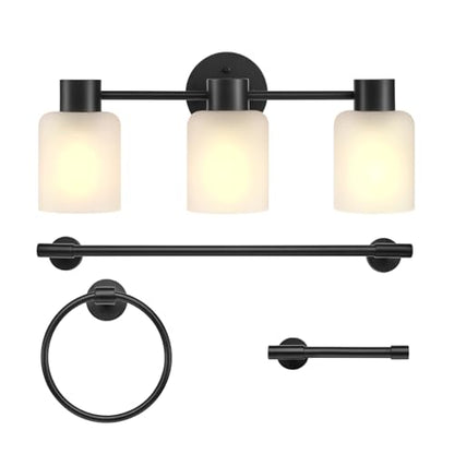 Globe Electric 4-Piece All-in-One Bathroom Set, Matte Black, 3-Light Vanity Light with Frosted Glass Shades, Towel Bar, Toilet Paper Holder, Towel Ring - color: Matte Black, Frosted Glass, 3-Light