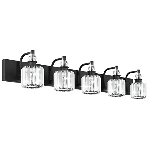 Ralbay Crystal Black Vanity Light Fixtures 5 Light Crystal Bathroom Light Fixtures Over Long Mirror Modern Matte Black Bath Wall Lights - color: Black, size: 40 inch