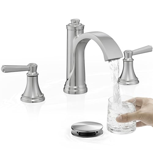 Brass Waterfall Bathroom Faucets, Brushed Nickel Bathroom Faucet 4-16 Inch, 2 Handle Widespread Bathroom Sink Faucet 3 Hole with Pop Up Drain and Supply Lines - color: Brushed Nickel
