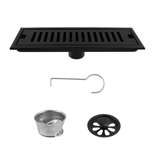 Dnyta 12 Inch Linear Shower Floor Drain for Bathroom (Black, Fence Style) | 304 Stainless Steel Rectangular Shower Drain with Drain Grate Removable & Hair Strainer, for Bathroom Kitchen Hotel or Toilet - style: Black Fence Style + Stainless Steel Strainer