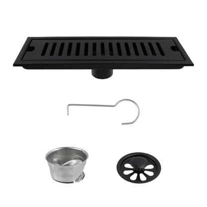 Dnyta 12 Inch Linear Shower Floor Drain for Bathroom (Black, Fence Style) | 304 Stainless Steel Rectangular Shower Drain with Drain Grate Removable & Hair Strainer, for Bathroom Kitchen Hotel or Toilet - style: Black Fence Style + Stainless Steel Strainer