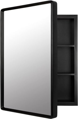 24”x16” Recessed Wood Medicine Cabinet with Mirror for Bathroom – Wall-Mounted Wooden Bathroom Cabinet with Adjustable Storage Shelf (Black, 16“x24) - color: Black, size: 16“x24"