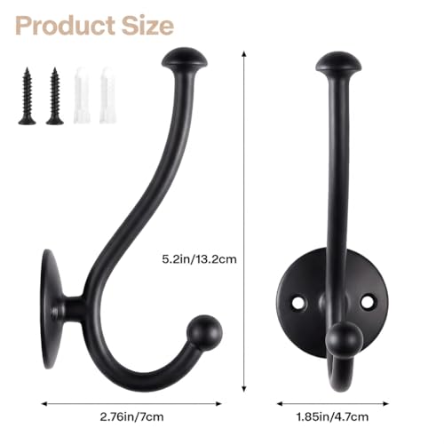 4-Pack Heavy Duty Wall Hooks, Matte Black Double Coat Hooks Wall Mounted, Rustproof Metal Towel & Robe Hook Hardware with Screws for Bathroom, Entryway, Hanging Coats, Hats, Bags, Keys - color: 4 pack-Black