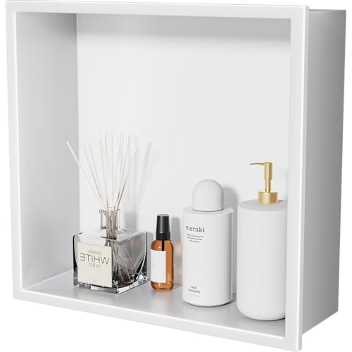 No Tile Needed Shower Niche - 12"x12" White 304 Stainless Steel Recessed Shelf,Over Mount Installation for Bathroom & Shower Wall,Waterproof - color: White, size: 12x12x4 inches