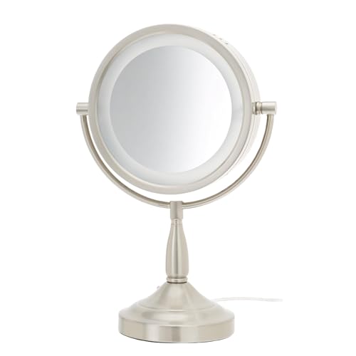 JERDON Lighted Makeup Mirror with 7X Magnification - Nickel - LT856N | Two-Sided 1X View, 8.5" Round Frame, Halo Lighting, 16" Tall