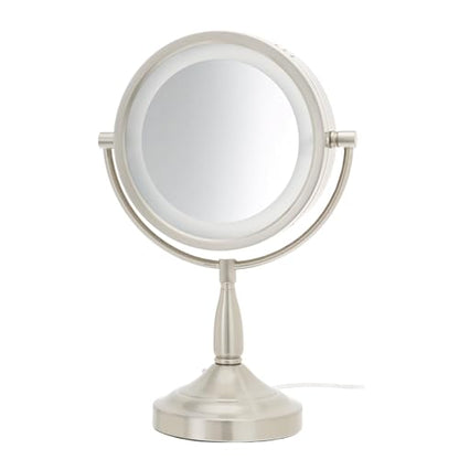 JERDON Lighted Makeup Mirror with 7X Magnification - Nickel - LT856N | Two-Sided 1X View, 8.5" Round Frame, Halo Lighting, 16" Tall
