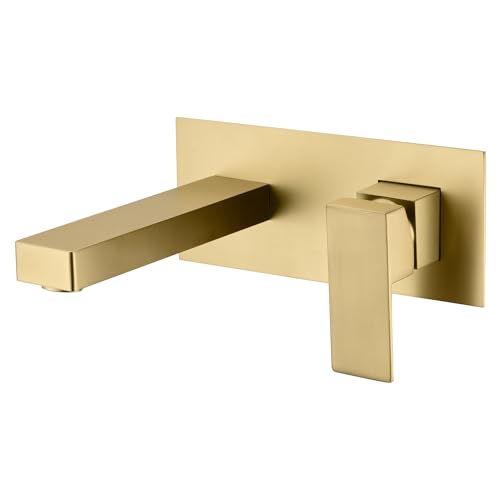 SUMERAIN Brushed Gold Wall Mount Bathroom Faucet Single Handle Vessel Sink Faucet Includes Brass Rough-in Valve - color: Brushed Gold, size: Right-Handed