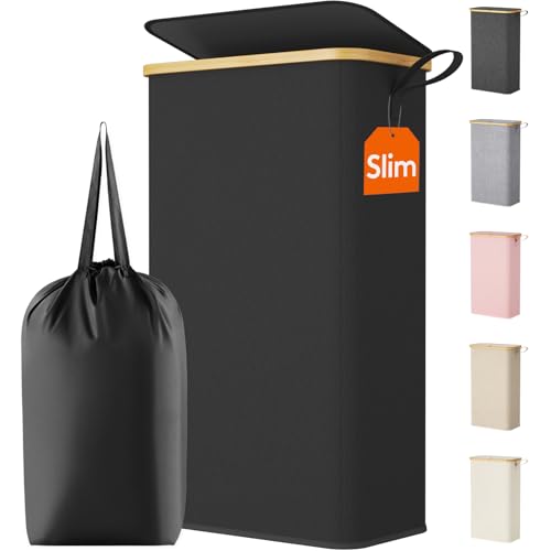 Lifewit 75L Slim Laundry Hamper with Lid, Narrow Laundry Basket with Removable Bag & Bamboo Handles, Fodable Thin Dirty Clothes Hamper for Laundry Collapsible Bin for Bathroom Bedroom Dorm, Black - color: Black, size: 75L
