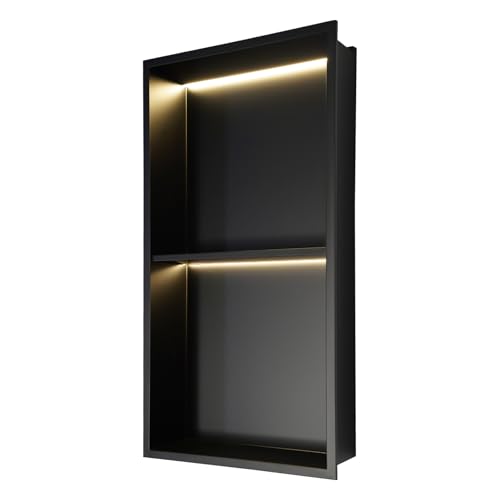 Stainless Steel Shower Niche, 2 Tiers Recessed Shower Niche, 12''x24'' Wall Nich Shower Shelf Insert w/ LED Light & Shelf, Embedded Storage Alcove Wall for Bathroom Storage(Black, LED, 12x24in)