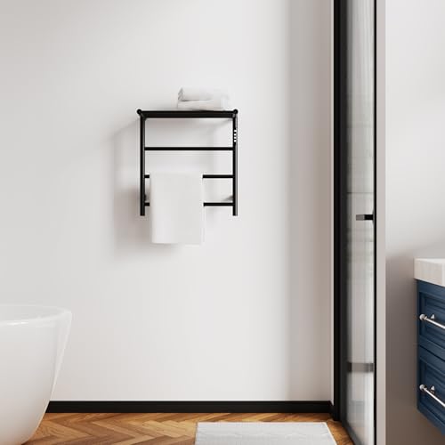 Towel Warmers for Bathroom, Stainless Steel Heated Towel Racks with Top Shelf, Wall Mounted Towel Heater with Intelligent Touch Screen Timer & Temperature Adjustment, Plug-in/Hard-Wired, Black - color: Black, size: 3-Bar with Top Shelf