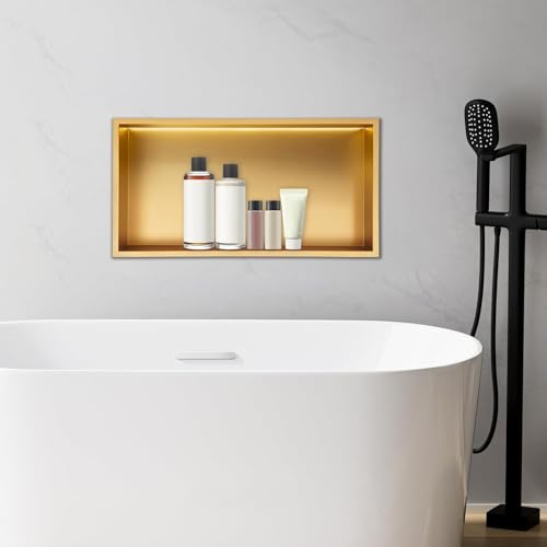 Libsaerty LED Shower Niche with Lights, Waterproof Gold Bathroom Niche Insert, Recessed Wall Shelf for Tile-Free Install, 24x12 Inch Storage for Shampoo, 304 Stainless Steel, 44LbsLoad, Easy Assembly
