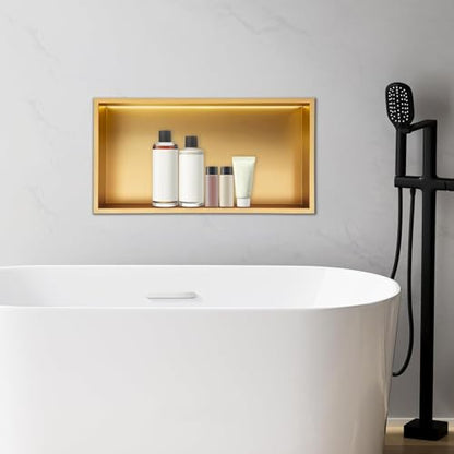 Libsaerty LED Shower Niche with Lights, Waterproof Gold Bathroom Niche Insert, Recessed Wall Shelf for Tile-Free Install, 24x12 Inch Storage for Shampoo, 304 Stainless Steel, 44LbsLoad, Easy Assembly