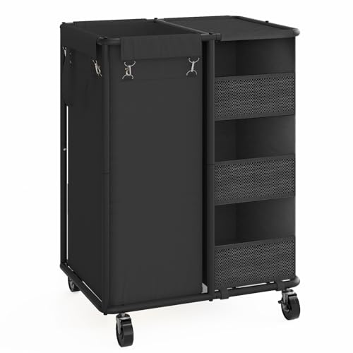 WOWLIVE Laundry Sorter with Wheels, 100L Rolling Laundry Hamper | Laundry Cart with Steel Frame, Laundry Basket with Hanging and Removable Bag, Storage Unit Basket Organizer for Dorm, Black - color: Blaack, size: 100L (22.8×16.1×31.5in)