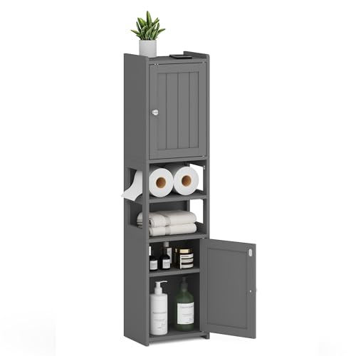 Small Bathroom Storage Cabinet 39"H Narrow Corner Floor Cabinet, Grey | Slim Skinny Design for Kitchen Living Room fits Tight Spaces, Moisture-resistant MDF, with Reversible Door, Adjustable Shelf - color: Grey