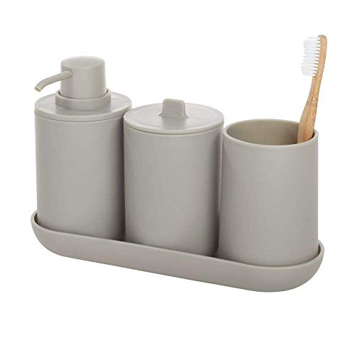 iDesign Bathroom Accessories Set, 4-Piece Sink Tidy with Soap, Toothbrush Holder, Cotton Pad Dispenser and Tray, Made of Plastic, Grey, 24.5 cm x 8.9 cm x 16.2 cm - color: Matte Gray, size: 24.5 cm x 8.9 cm x 16.2 cm