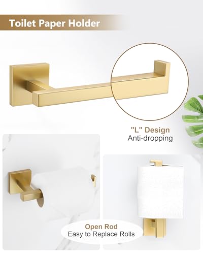 Brushed Gold Bathroom Accessories, Toilet Paper Holder, Towel Ring & Hooks | Lairuier Bathroom Hardware Set, Toilet Paper Holder Set SUS304 Stainless Steel Bath Hand Towel Ring for Bathroom Wall Mounted - color: Brushed Gold