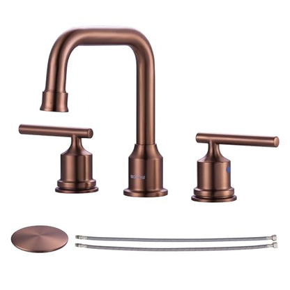 WOWOW Rose Gold Bathroom Faucet 3 Hole, Widespread Vanity Sink Faucets | Copper Inlet 8 Inich Faucet for Bathroom Sink with Swivel Spout, 2 Handles Lavatory Tap with Drain and cUPC Supply Line - color: Rose Gold, style: Upgrade-8 Inch