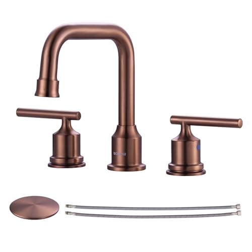 WOWOW Rose Gold Bathroom Faucet 3 Hole, Widespread Vanity Sink Faucets | Copper Inlet 8 Inich Faucet for Bathroom Sink with Swivel Spout, 2 Handles Lavatory Tap with Drain and cUPC Supply Line - color: Rose Gold, style: Upgrade-8 Inch