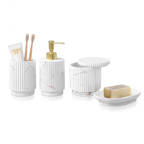 4 Pcs Bathroom Accessories Set -Toothbrush Holders Set | Soap Dispenser , Cotton Swab Jars, Vanity Tray , Bathroom Organizer for Bathrooms Decor, for Home Apartment