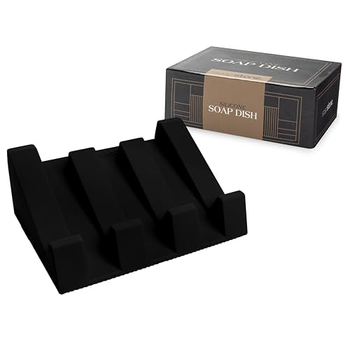 Silicone Soap Dish (USA Patented) Self Draining Bar Soap Holder for Shower Bathroom Sink, Drying Soap Dish Tray Sponge Holder Easy Cleaning Soap Saver Travel Accessories (Black, 1) - color: Black, 1