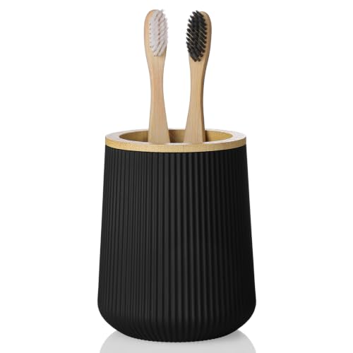 YAUKPH Bamboo Striped Toothbrush Holder | for Electric Toothbrushes Bathroom Organizer Cup for Toothpaste Kids & Adults Black - color: Black Bamboo