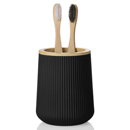 YAUKPH Bamboo Striped Toothbrush Holder | for Electric Toothbrushes Bathroom Organizer Cup for Toothpaste Kids & Adults Black - color: Black Bamboo