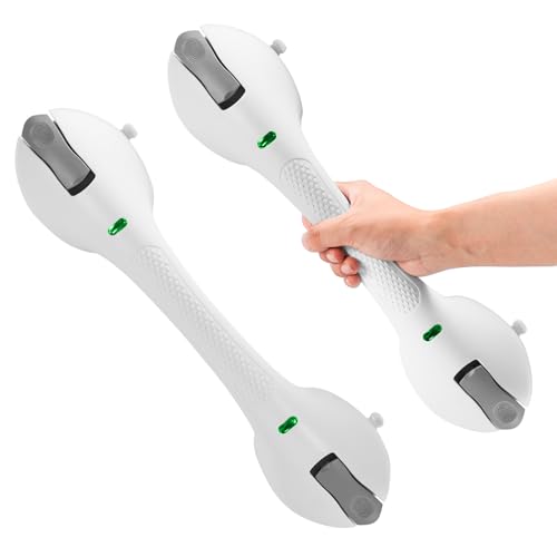 GRONIVEX Indicator Grab Bars for Bathtubs and Showers, No-Tool Installation Removable Suction Cup Handrails – Ideal Bathroom Safety for Seniors, Pregnant Women, and Disabled, White and Gray (2-Pack)