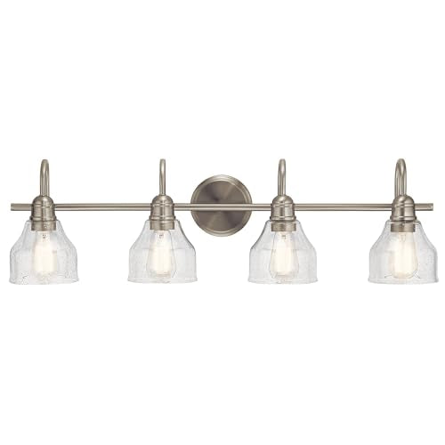Kichler Avery 33.25" 4 Light Bathroom Vanity Light in Brushed Nickel, Vintage Bathroom Wall Mount Fixture with Clear Seeded Glass, (33.25" W x 9.25" H), 45974NI