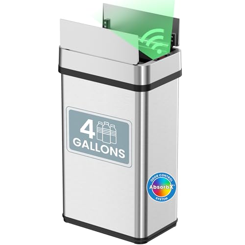 iTouchless 15 Liter / 4 Gallon Stainless Steel Sensor 2.0 Technology Wings Open Lid Bathroom Trash Can, Touchless Automatic Operation, Compact Design for Home, Office, Restroom, Kitchen, Bedroom