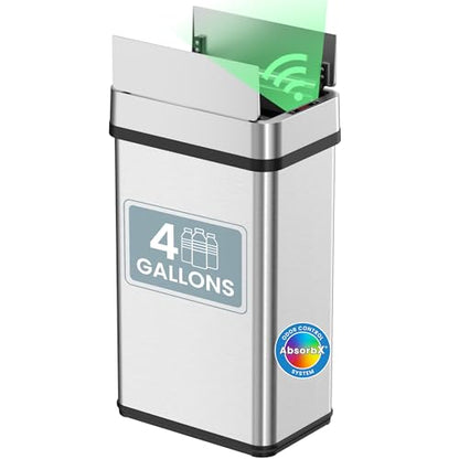 iTouchless 15 Liter / 4 Gallon Stainless Steel Sensor 2.0 Technology Wings Open Lid Bathroom Trash Can, Touchless Automatic Operation, Compact Design for Home, Office, Restroom, Kitchen, Bedroom