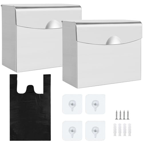 2 Pcs Sanitary Napkin Disposal Receptacle Stainless Steel Napkin Receptacle Tampon Disposal Bin with 100 Disposal Bags Wall Mounted Waste Tampon Holder Feminine Hygiene Disposal Container
