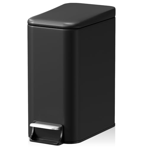 Small Bathroom Trash Can w/Lid Soft Close, 6 Liter/1.6 Gallon Stainless Steel Garbage Can w/Inner Bucket, Trash Bin Waste Basket for Kitchen, Bedroom, Living Room, Office, Toilet, Black - color: Black