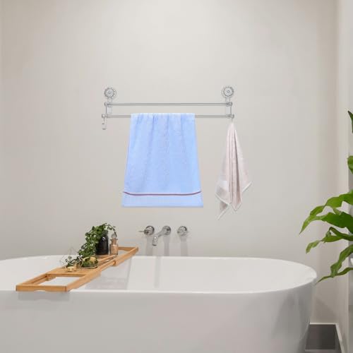 SEWACC Wall-Mount Double Rod Towel Rack with Suction Cups 58.8cm Gray Bathroom Towel Organizer and Holder with Hooks for Wet and Dry No Drilling Installation