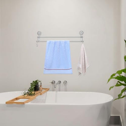 SEWACC Wall-Mount Double Rod Towel Rack with Suction Cups 58.8cm Gray Bathroom Towel Organizer and Holder with Hooks for Wet and Dry No Drilling Installation