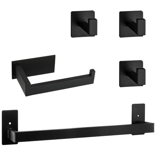 5 Pieces Self Adhesive Bathroom Hardware Set-SUS304 Stainless Steel-Towel Rack Set Include 16″Towel Bar+Toilet Paper Holder+3 Towel/Robe Hooks Bathroom Accessory (Matte Black, 16 in) - size: 16 IN