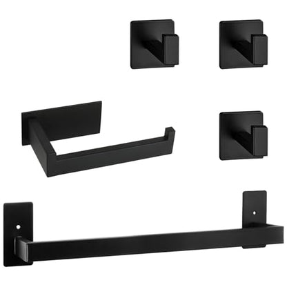5 Pieces Self Adhesive Bathroom Hardware Set-SUS304 Stainless Steel-Towel Rack Set Include 16″Towel Bar+Toilet Paper Holder+3 Towel/Robe Hooks Bathroom Accessory (Matte Black, 16 in) - size: 16 IN