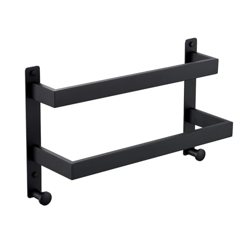 16 Inch Double Towel Bar with Hooks Matte Black, Stainless Steel Bath Shower Towel Rack Wall Mounted Towel Rod Holder for Bathroom - color: Matte Black, size: 16-Inch