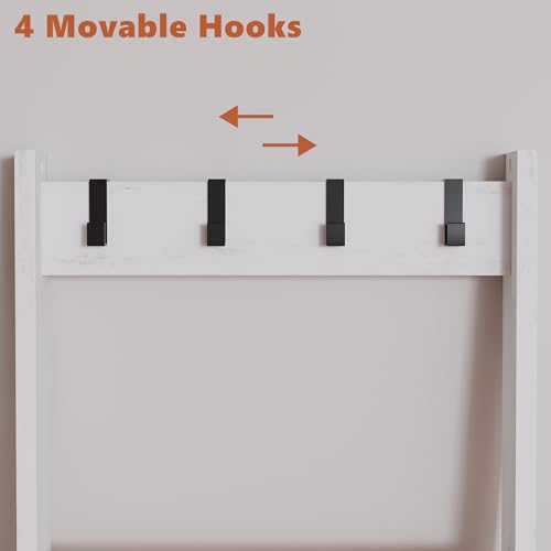 TRIFEBLE 6 Tier Blanket Ladder Shelf for Living Room and Bedroom, Ladder Holder with 4 Metal Hooks, 5.2ft Blanket Quilt Holder Rack, Farmhouse Ladder Rack for Storage and Home Decor, White