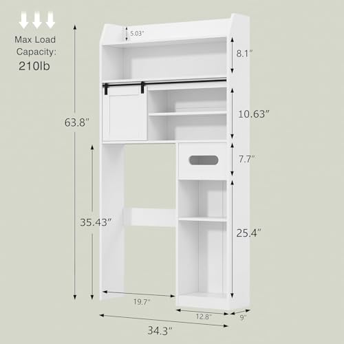 VECELO Over The Toilet Storage Cabinet with Sliding Doors, 63.8" Toilet Organizer with Adjustable Shelves, Paper Holder and Racks, for Bathroom Laundry, White - size: 34.3‘’*9‘’*63.8‘’（L*W*H）