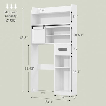 VECELO Over The Toilet Storage Cabinet with Sliding Doors, 63.8" Toilet Organizer with Adjustable Shelves, Paper Holder and Racks, for Bathroom Laundry, White - size: 34.3‘’*9‘’*63.8‘’（L*W*H）