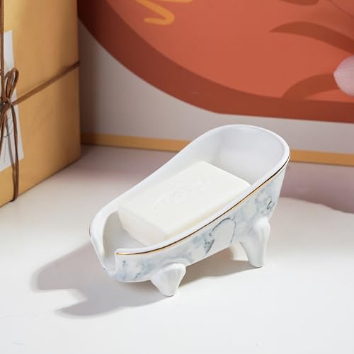 5.5" Self Draining Mini Bathtub Soap Dish, Ceramic Bar Soap Holder with Drain, Marble Pattern Decorative Soap Saver for Shower, Bathroom & Kitchen Sink, Keep Soap Dry, Easy to Clean